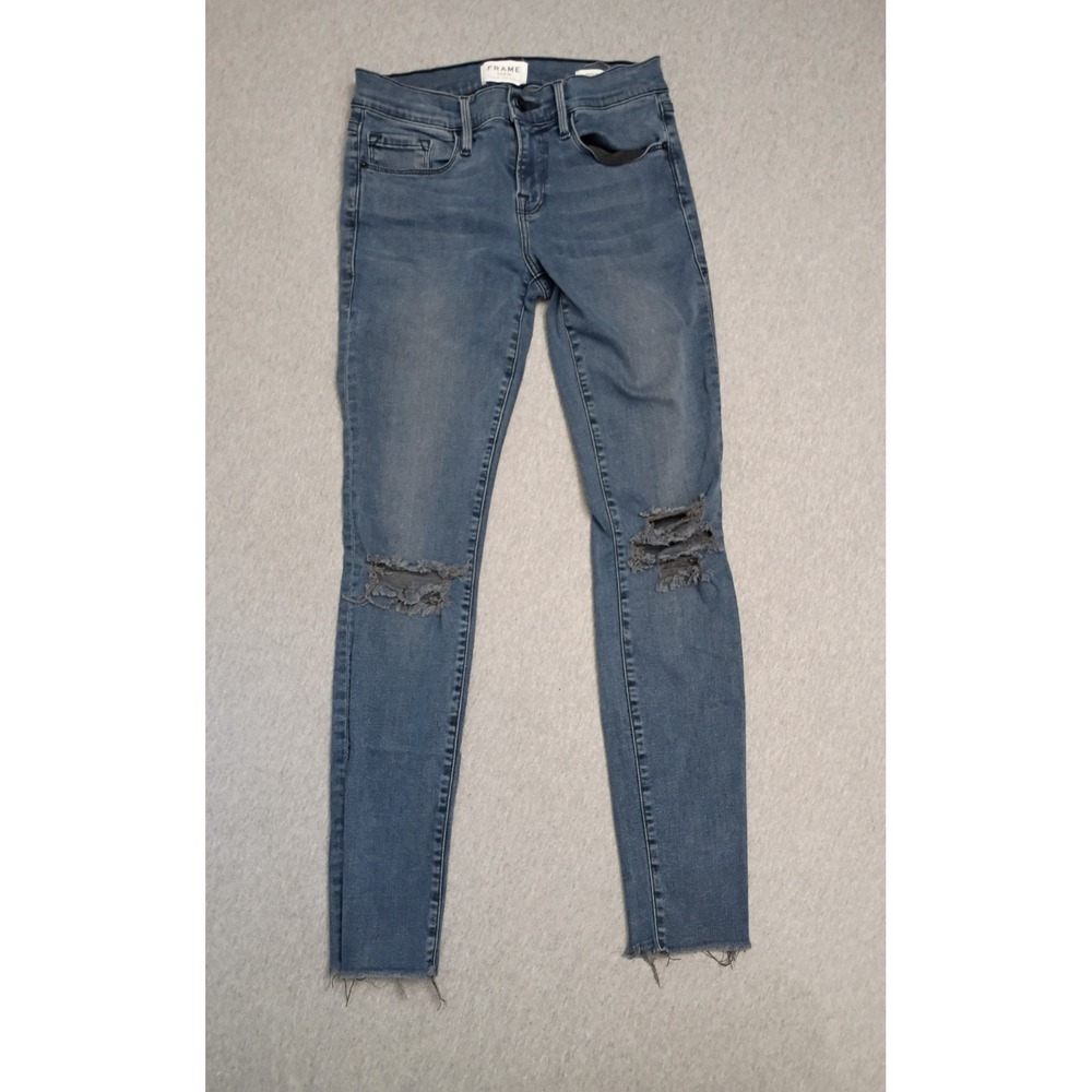Frame Le Skinny de Jeanne Distressed Jeans Gifford Blue Raw Hem Size 26 LSJRH147